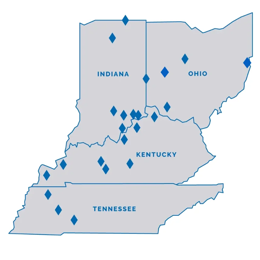 Map of Premier Banking Consultants' service area across Kentucky, Indiana, Ohio, and Tennessee